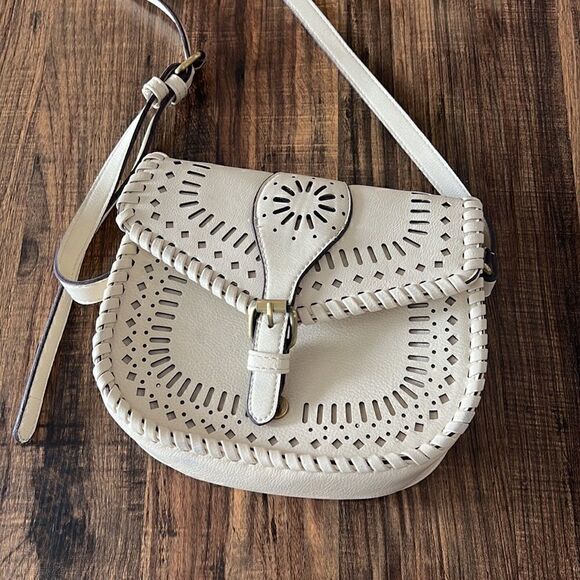 Sole Society Cream Crossbody Bag Boho Perforated Faux Leather Purse - Picture 2 of 11